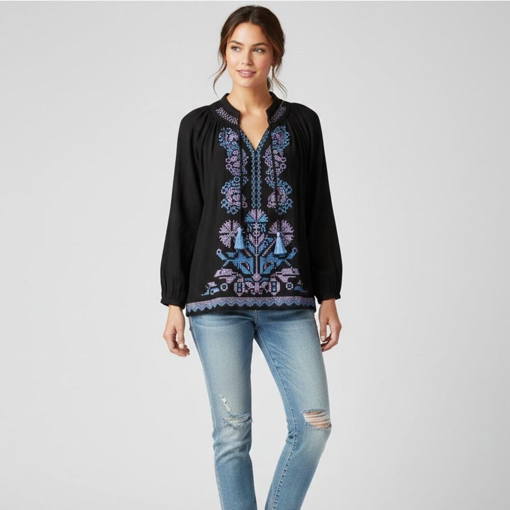 Roller Rabbit Nadia V-Neck Black Embroidered Tunic Peasant Top Tassels Small NWT